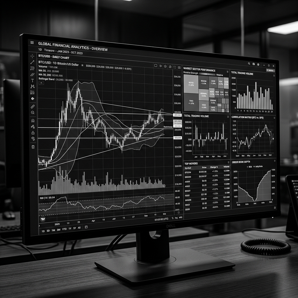 monochrome highly detailed trading charts and financial analytics displayed on a screen